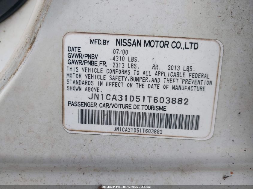 2001 Nissan Maxima Se VIN: JN1CA31D51T603882 Lot: 43231418