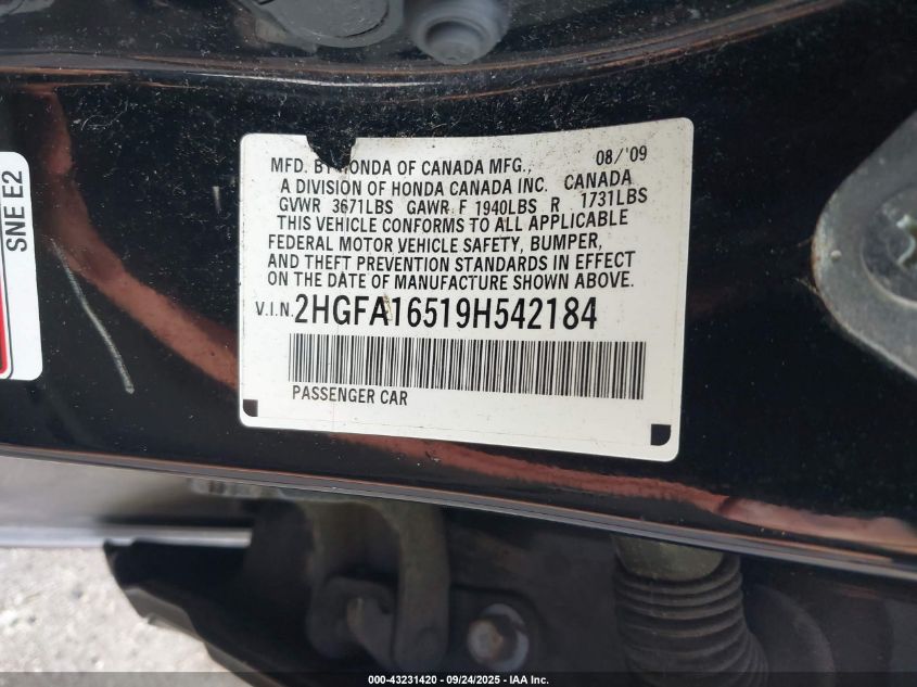 2009 Honda Civic Lx VIN: 2HGFA16519H542184 Lot: 43231420