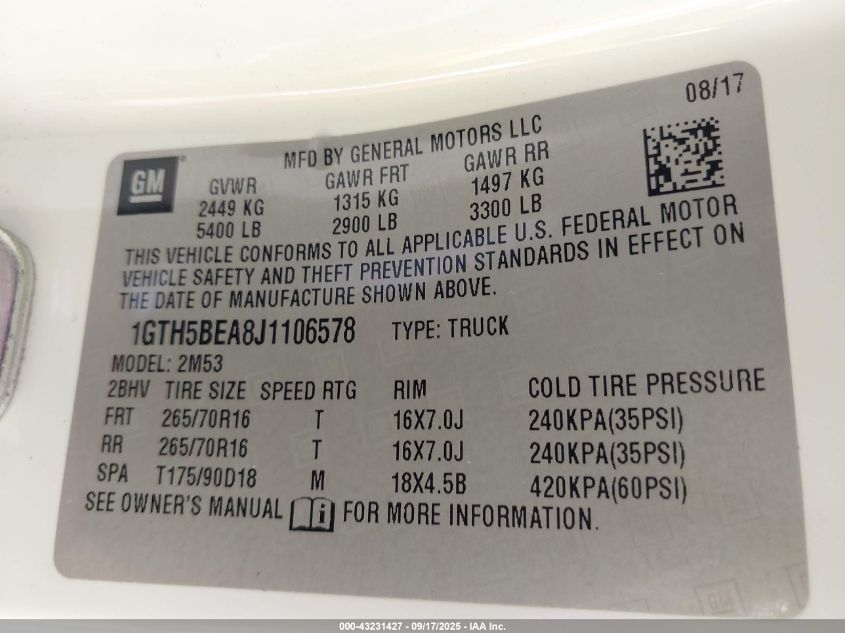 2018 GMC Canyon VIN: 1GTV5BEA8J1106578 Lot: 43231427