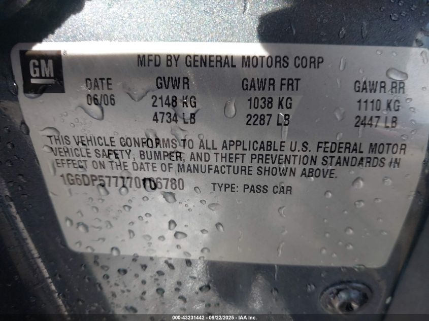 2007 Cadillac Cts Standard VIN: 1G6DP577770106780 Lot: 43231442