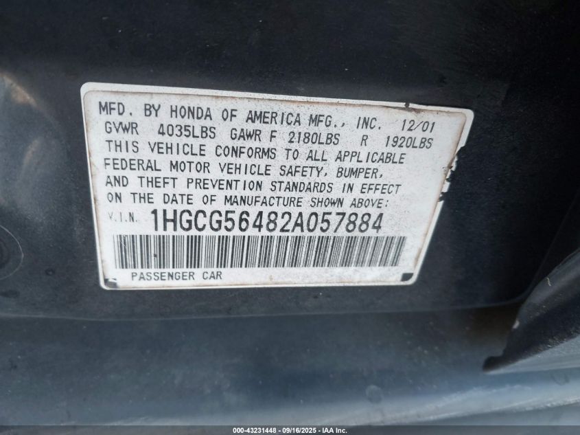 2002 Honda Accord 2.3 Lx VIN: 1HGCG56482A057884 Lot: 43231448