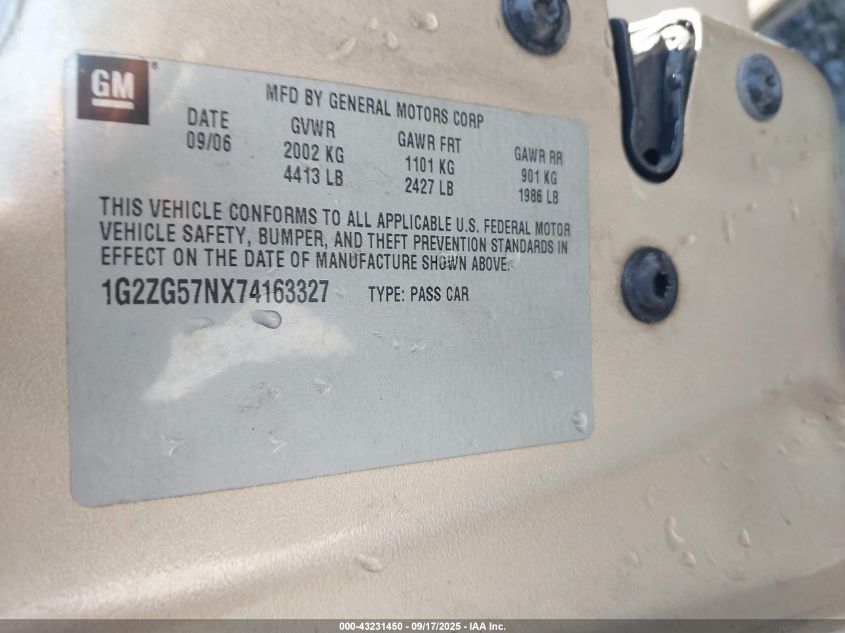 2007 Pontiac G6 VIN: 1G2ZG57NX74163327 Lot: 43231450