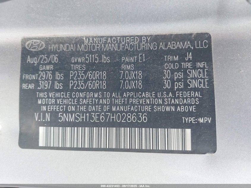 2007 Hyundai Santa Fe Limited/Se VIN: 5NMSH13E67H028636 Lot: 43231453