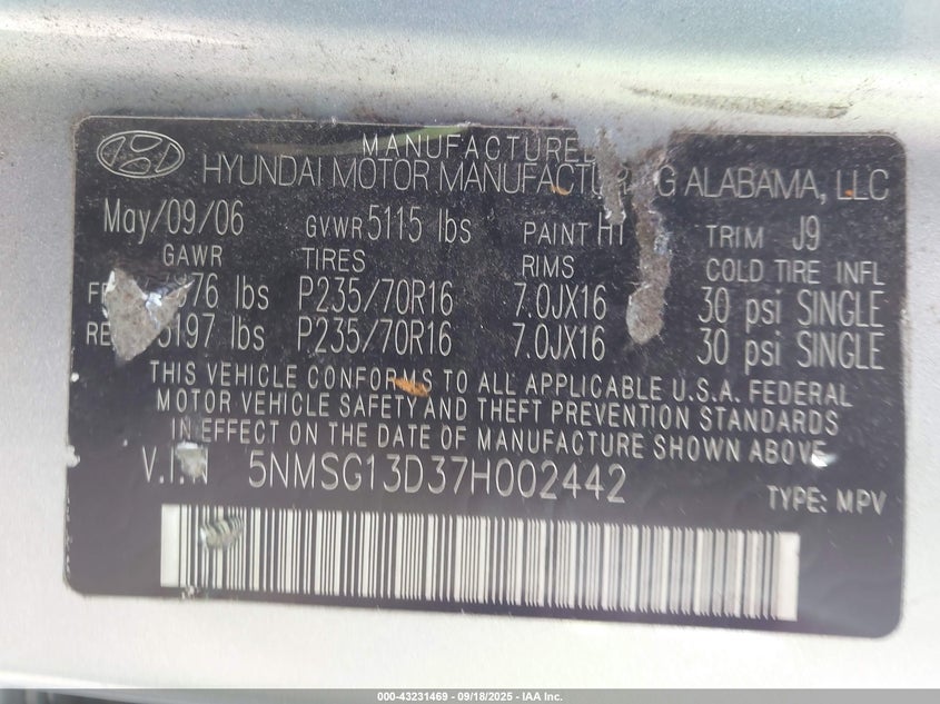 2007 Hyundai Santa Fe Gls VIN: 5NMSG13D37H002442 Lot: 43231469