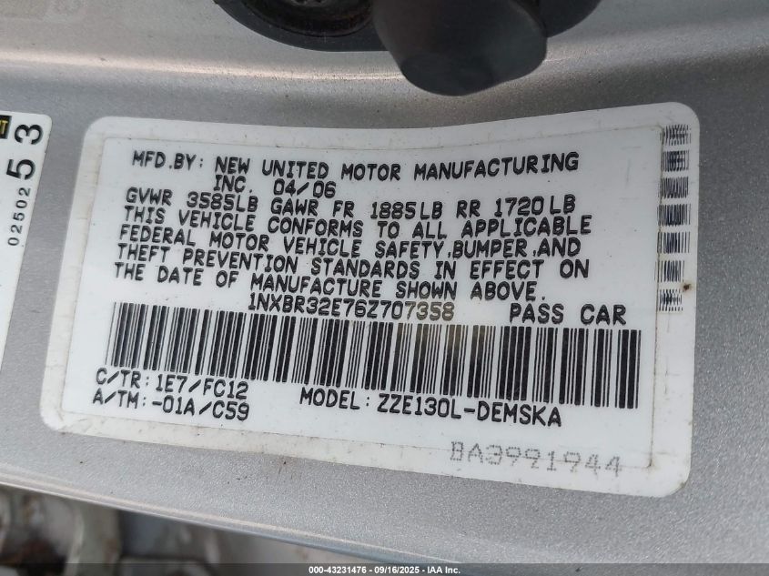 2006 Toyota Corolla Ce/Le/S VIN: 1NXBR32E76Z707358 Lot: 43231476