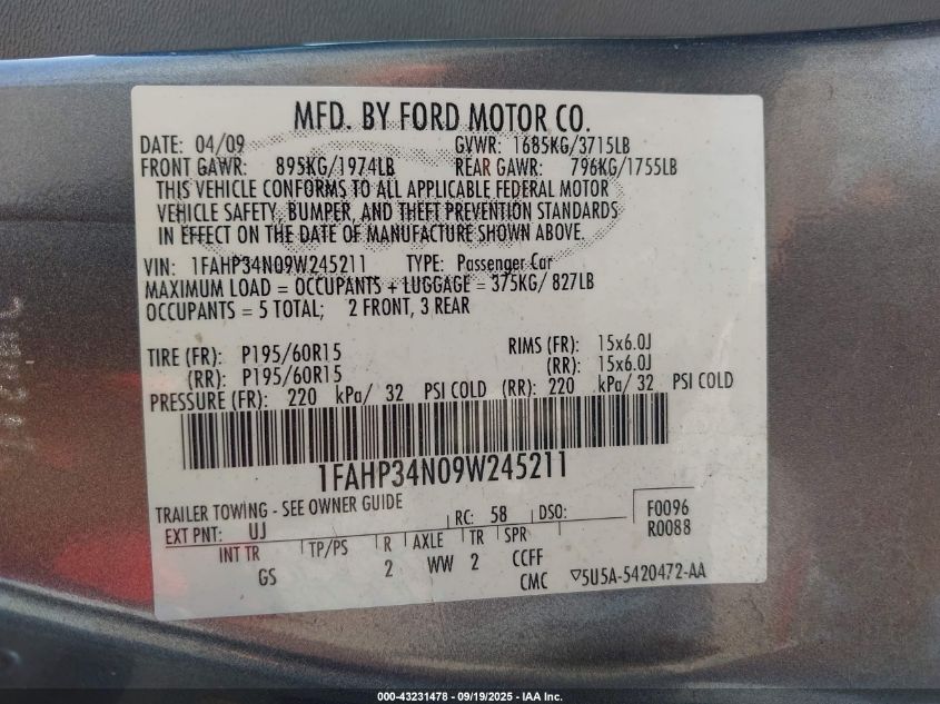 2009 Ford Focus S VIN: 1FAHP34N09W245211 Lot: 43231478