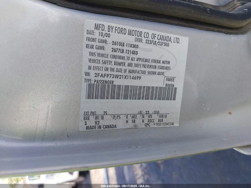 2001 Ford Crown Victoria VIN: 2FAFP73W21X114699 Lot: 43231484