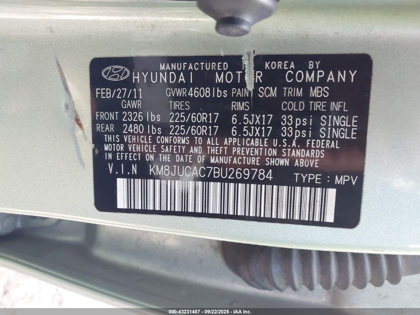 2011 Hyundai Tucson Gls VIN: KM8JUCAC7BU269784 Lot: 43231487