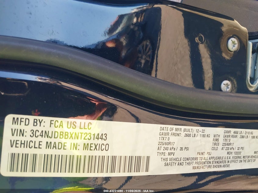 2022 Jeep Compass Latitude 4X4 VIN: 3C4NJDBBXNT231443 Lot: 43231490