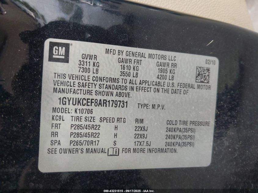 2010 Cadillac Escalade Premium VIN: 1GYUKCEF8AR179731 Lot: 43231515