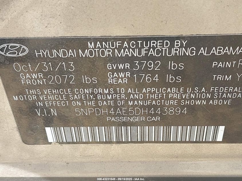 2013 Hyundai Elantra Gls VIN: 5NPDH4AE5DH443894 Lot: 43231549