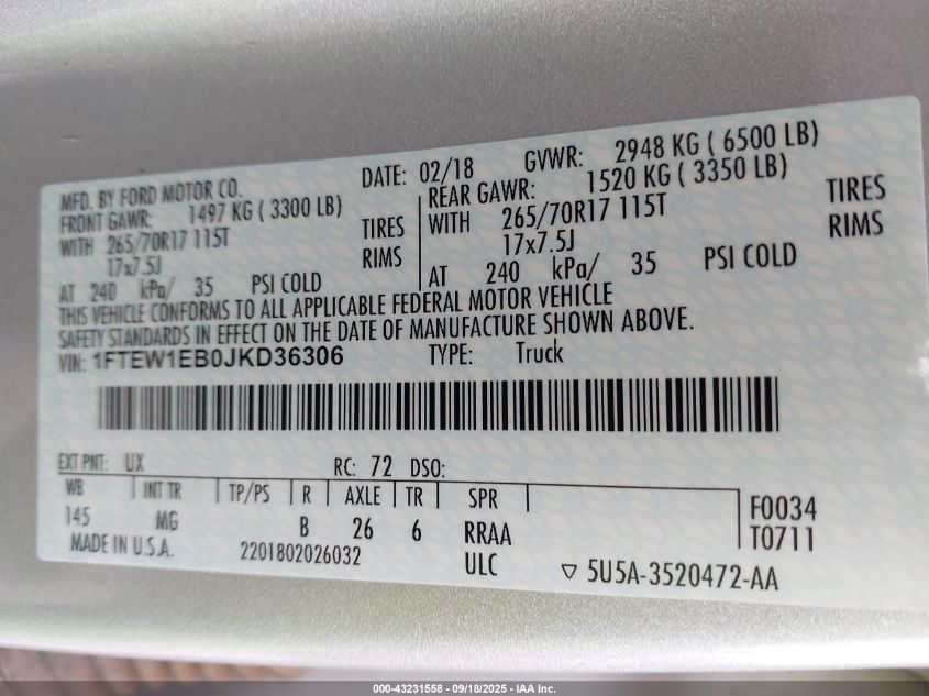 2018 Ford F-150 Xlt VIN: 1FTEW1EB0JKD36306 Lot: 43231558