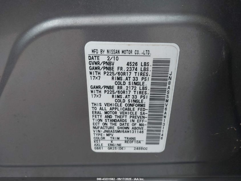 2010 Nissan Rogue Sl VIN: JN8AS5MV6AW131146 Lot: 43231562