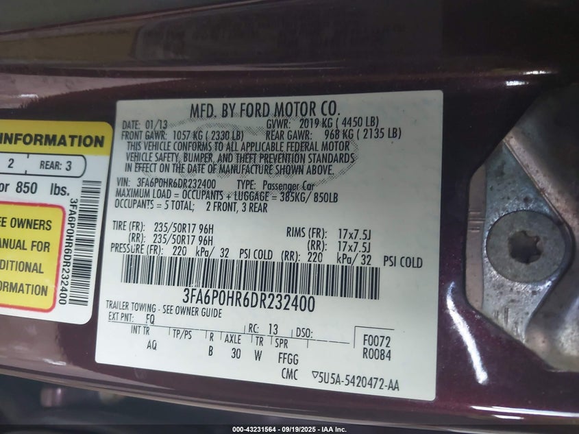 2013 Ford Fusion Se VIN: 3FA6P0HR6DR232400 Lot: 43231564