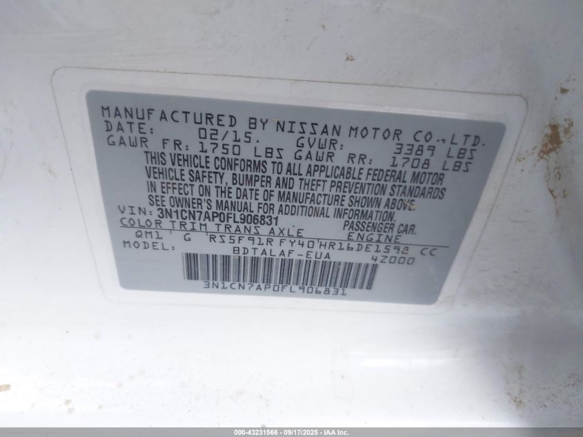 2015 Nissan Versa 1.6 S VIN: 3N1CN7AP0FL906831 Lot: 43231566