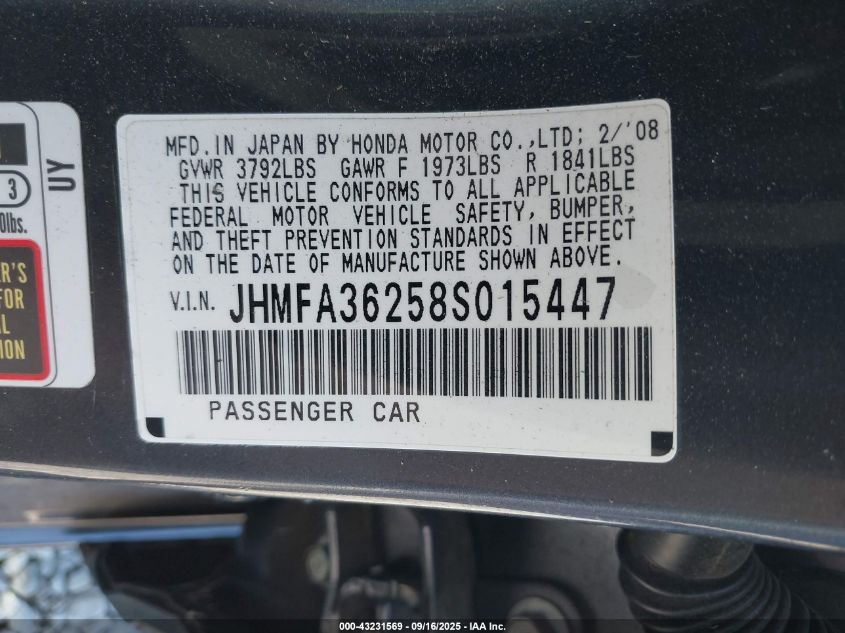 2008 Honda Civic Hybrid VIN: JHMFA36258S015447 Lot: 43231569