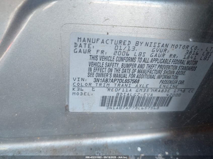 2013 Nissan Sentra Sl VIN: 3N1AB7AP7DL657568 Lot: 43231583