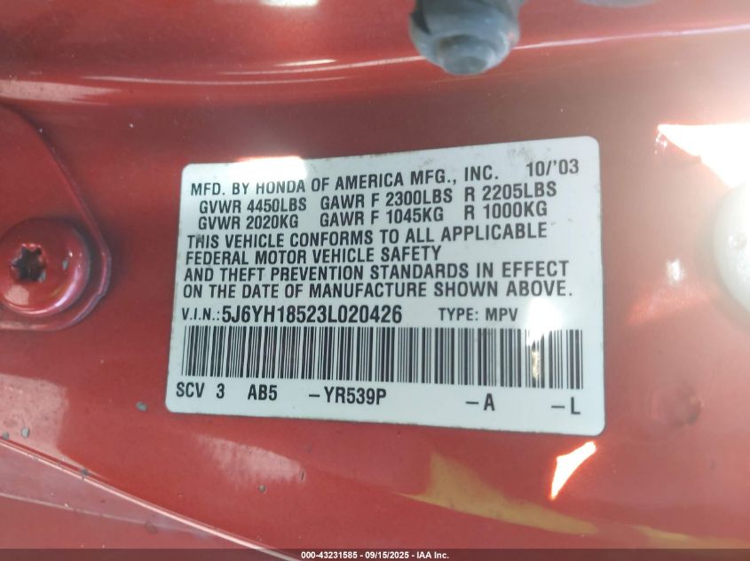 2003 Honda Element Ex VIN: 5J6YH18523L020426 Lot: 43231585
