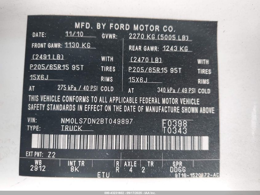 2011 Ford Transit Connect Xlt VIN: NM0LS7DN2BT049897 Lot: 43231602