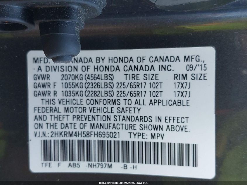 2015 Honda Cr-V Ex VIN: 2HKRM4H58FH695021 Lot: 43231608