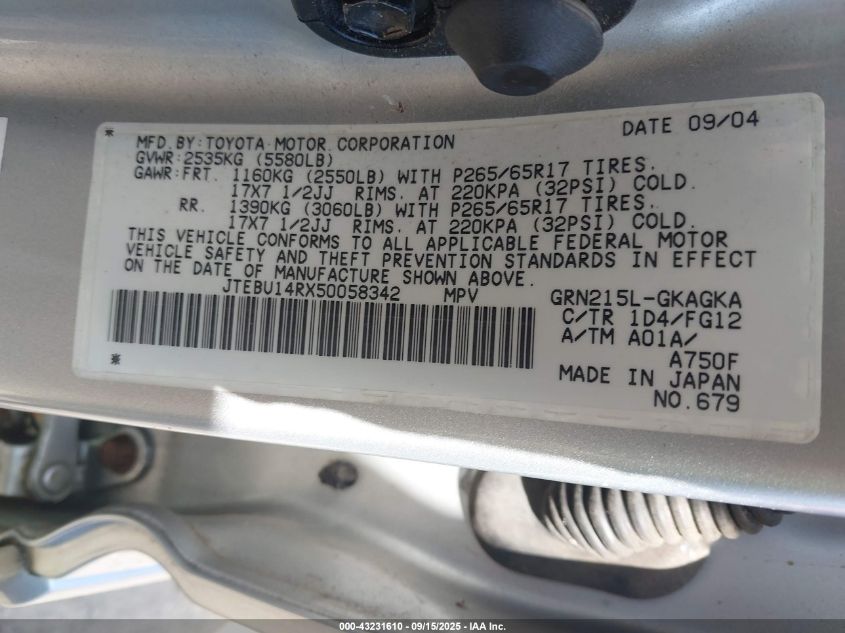 2005 Toyota 4Runner Sr5 V6 VIN: JTEBU14RX50058342 Lot: 43231610