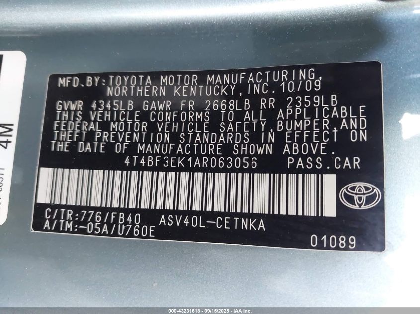 2010 Toyota Camry Le VIN: 4T4BF3EK1AR063056 Lot: 43231618