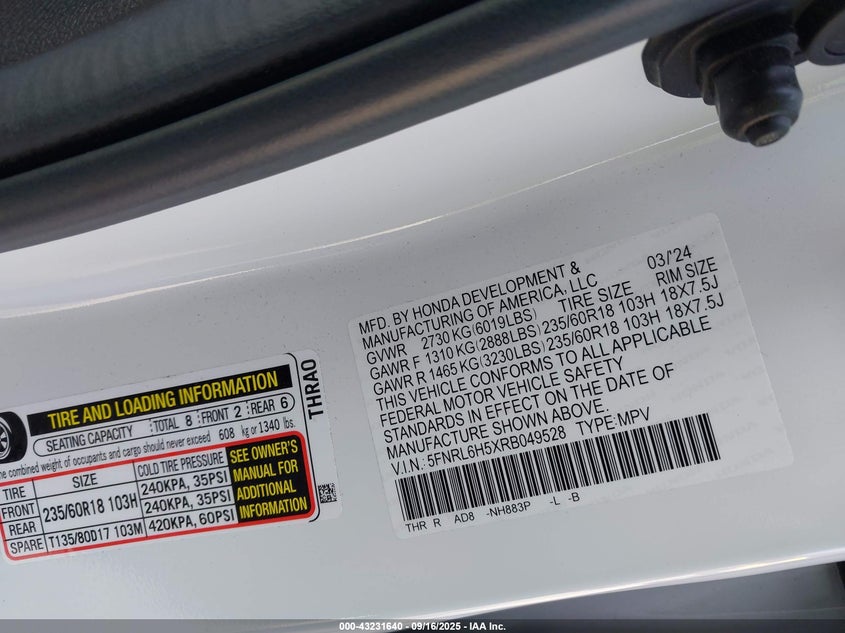 2024 HONDA ODYSSEY EX 5FNRL6H5XRB049528