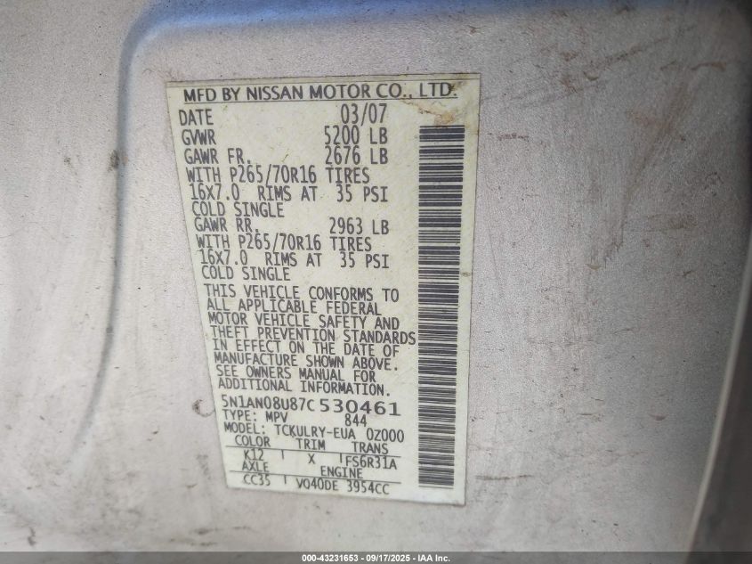 2007 Nissan Xterra S VIN: 5N1AN08U87C530461 Lot: 43231653