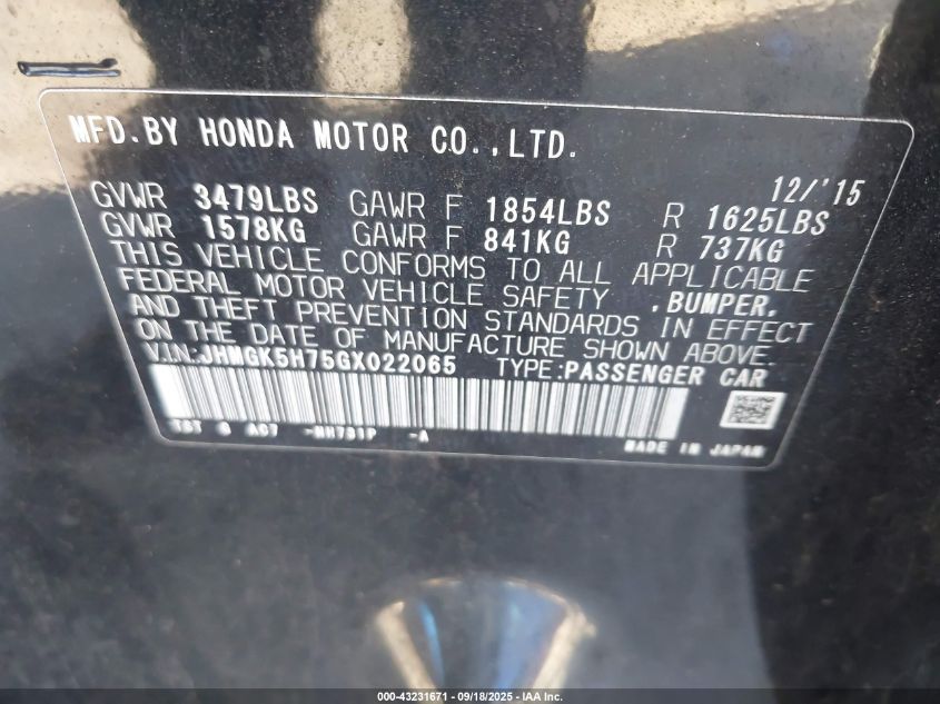 2016 Honda Fit Ex VIN: JHMGK5H75GX022065 Lot: 43231671