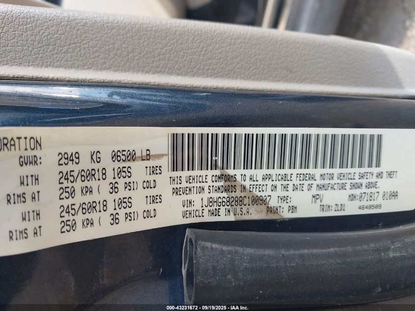 2008 Jeep Commander Overland VIN: 1J8HG68288C100907 Lot: 43231672