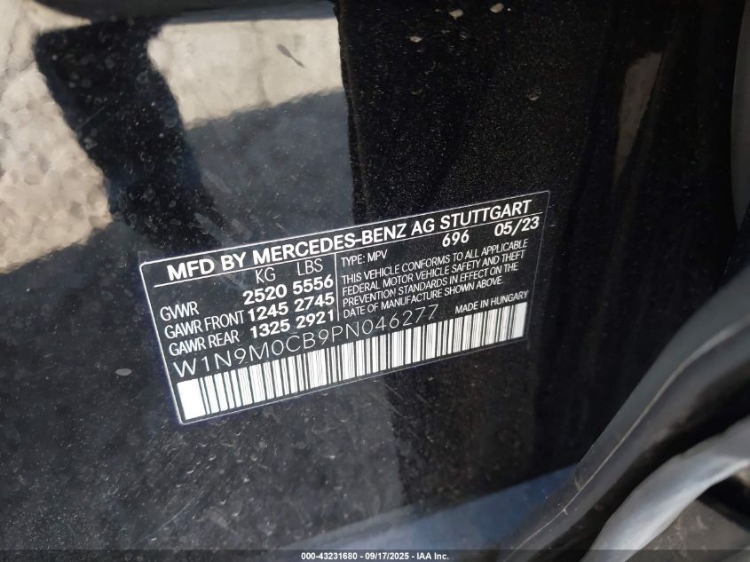 2023 Mercedes-Benz Eqb 250 Suv VIN: W1N9M0CB9PN046277 Lot: 43231680