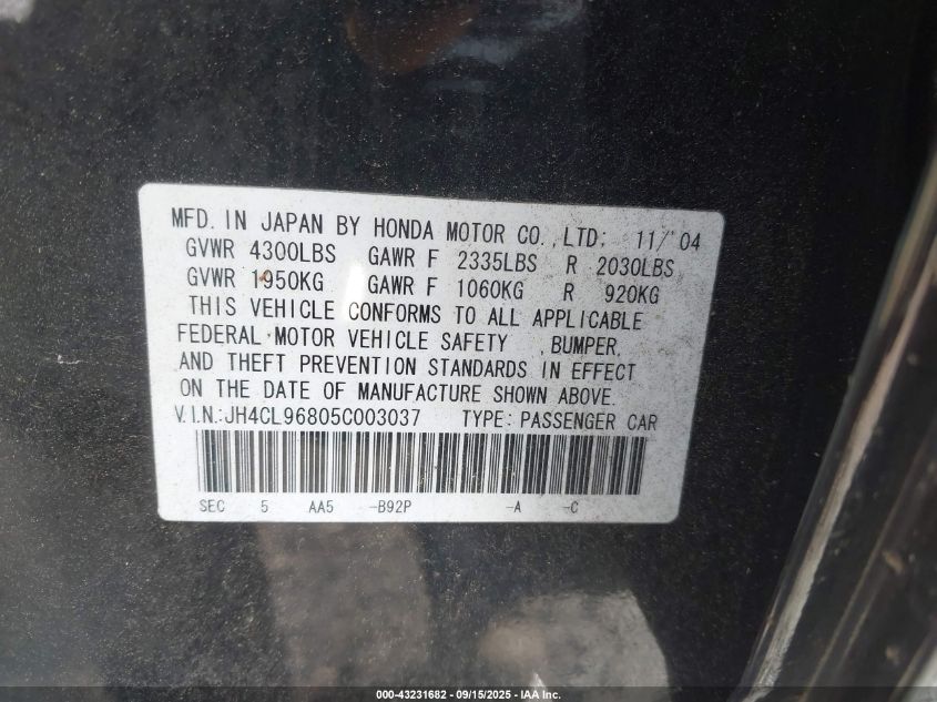 2005 Acura Tsx VIN: JH4CL96805C003037 Lot: 43231682