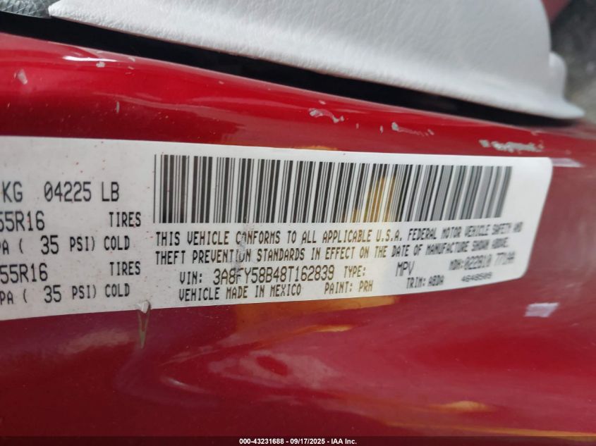 2008 Chrysler Pt Cruiser Touring VIN: 3A8FY58B48T162839 Lot: 43231688