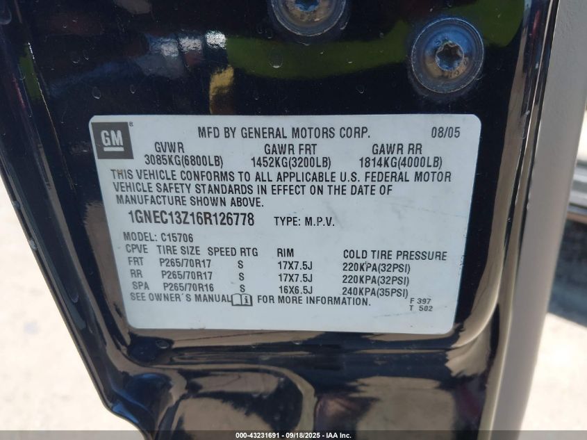 2006 Chevrolet Tahoe Lt VIN: 1GNEC13Z16R126778 Lot: 43231691