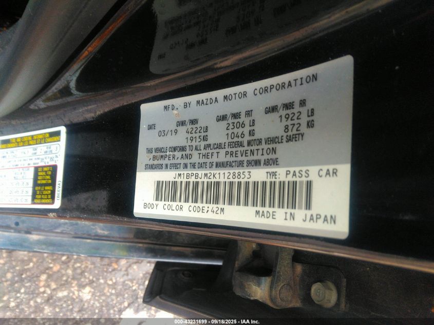 2019 Mazda Mazda3 VIN: JM1BPBJM2K1128853 Lot: 43231699