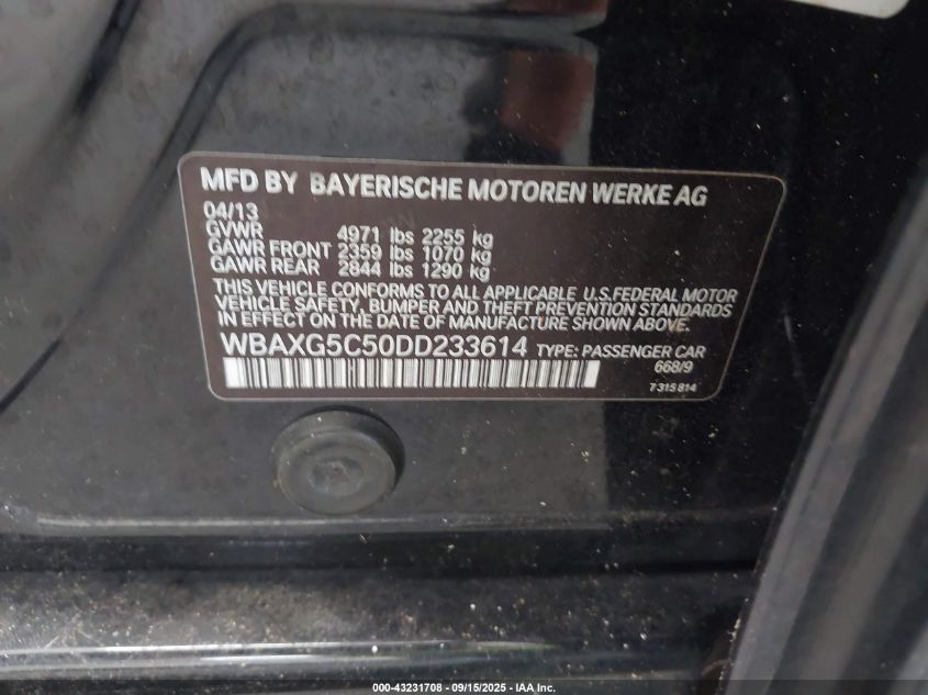2013 BMW 528I VIN: WBAXG5C50DD233614 Lot: 43231708