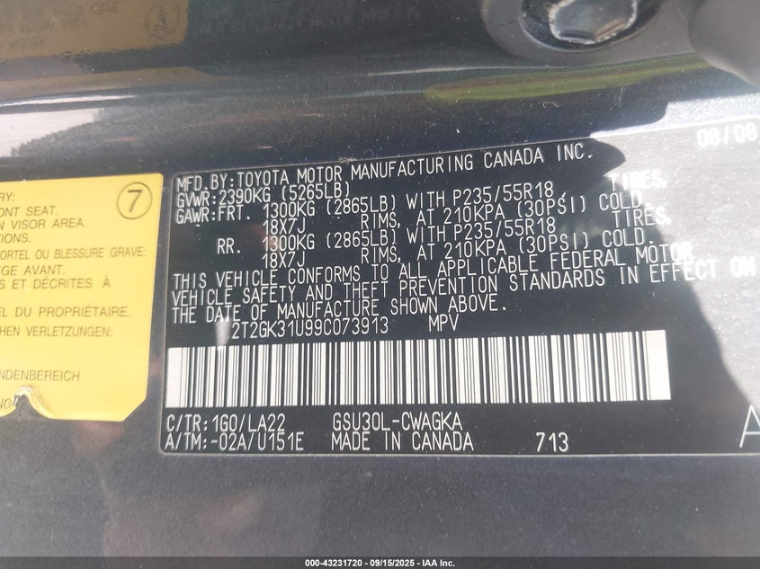 2009 Lexus Rx 350 VIN: 2T2GK31U99C073913 Lot: 43231720