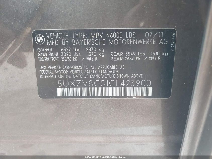 2012 BMW X5 xDrive50I VIN: 5UXZV8C51CL423900 Lot: 43231728