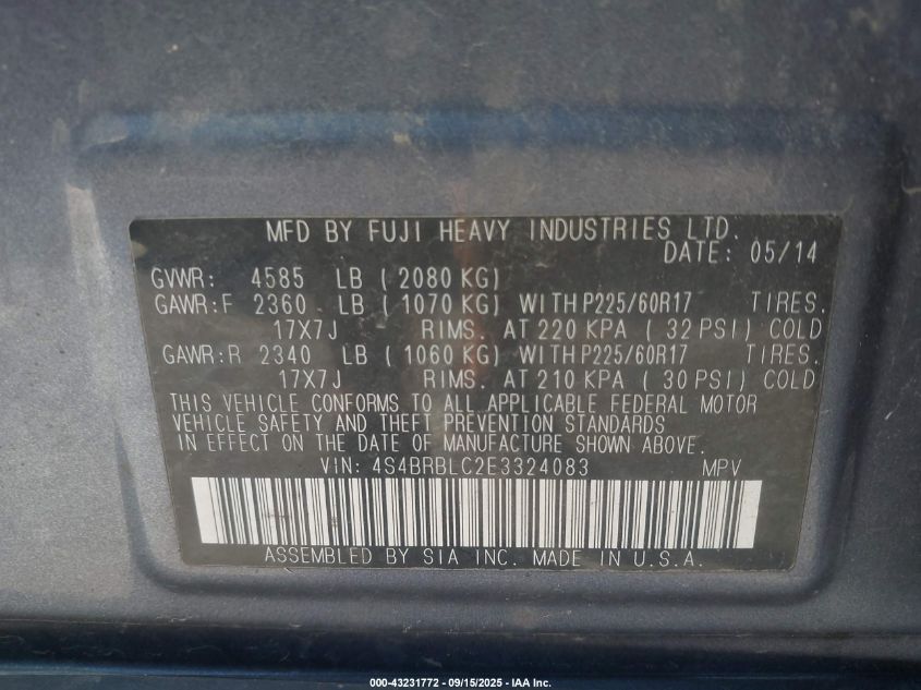 2014 Subaru Outback 2.5I Limited VIN: 4S4BRBLC2E3324083 Lot: 43231772