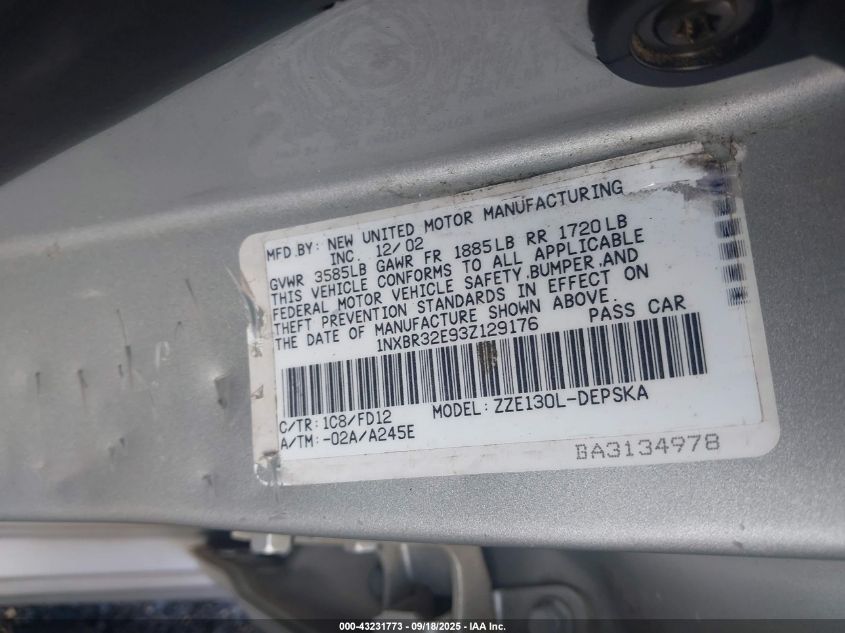 2003 Toyota Corolla Ce/Le/S VIN: 1NXBR32E93Z129176 Lot: 43231773