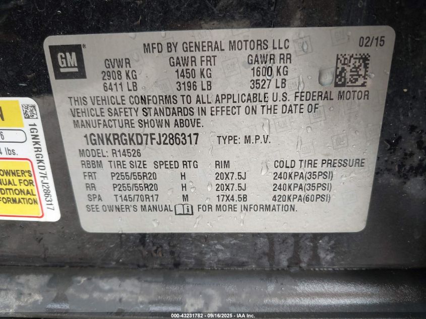 2015 Chevrolet Traverse 1Lt VIN: 1GNKRGKD7FJ286317 Lot: 43231782