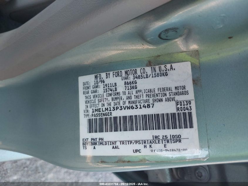 1997 Mercury Tracer Ls VIN: 1MELM13P3VW631487 Lot: 43231784
