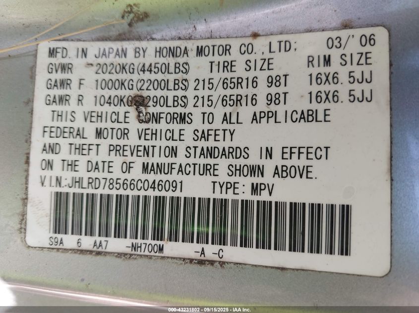 2006 Honda Cr-V Lx VIN: JHLRD78566C046091 Lot: 43231802