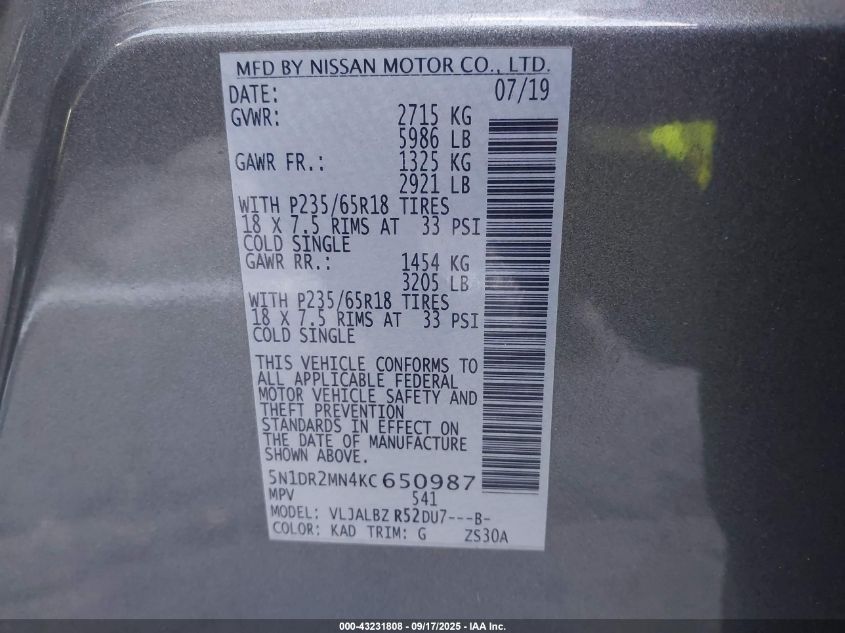 2019 Nissan Pathfinder S VIN: 5N1DR2MN4KC650987 Lot: 43231808