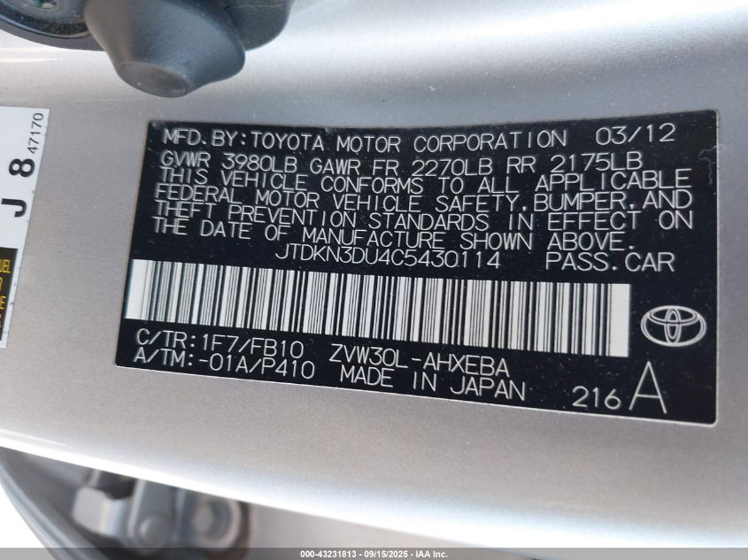 2012 Toyota Prius Two VIN: JTDKN3DU4C5430114 Lot: 43231813