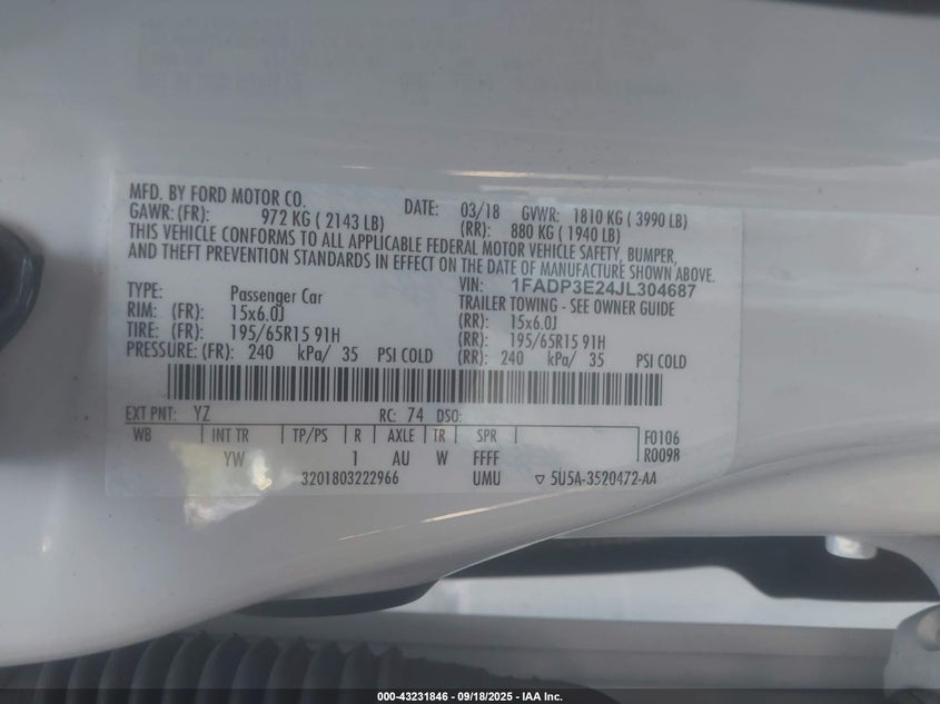 2018 FORD FOCUS S - 1FADP3E24JL304687