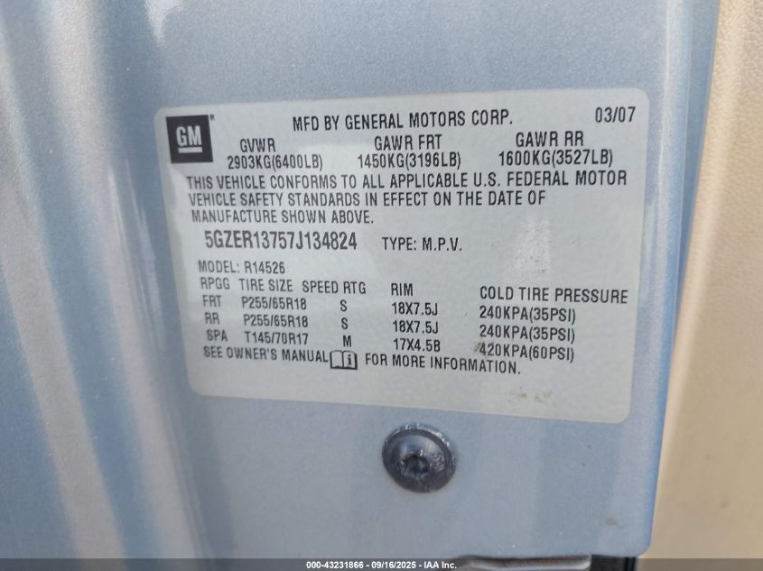 2007 Saturn Outlook Xe VIN: 5GZER13757J134824 Lot: 43231866