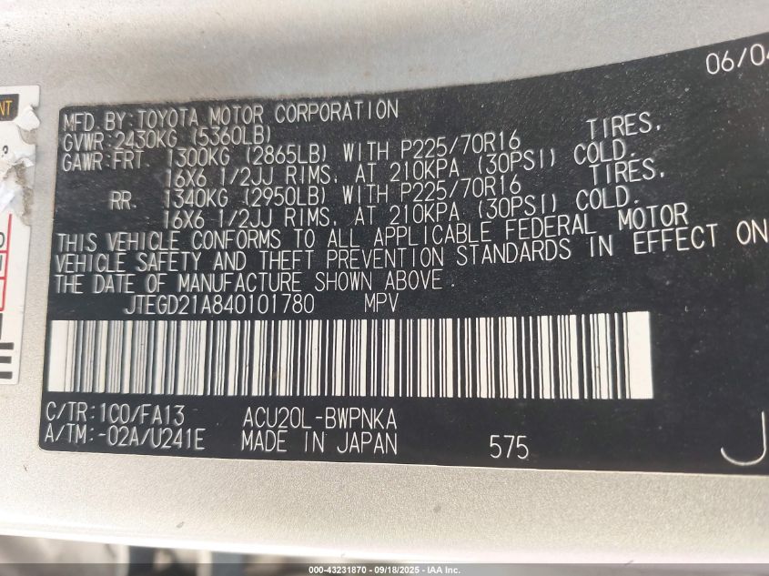 2004 Toyota Highlander VIN: JTEGD21A840101780 Lot: 43231870