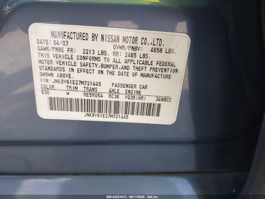 2007 Infiniti G35 Sport VIN: JNKBV61E27M721445 Lot: 43231872
