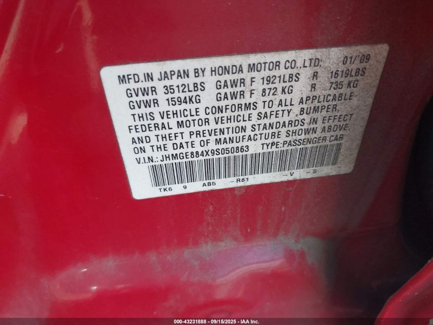 2009 Honda Fit Sport VIN: JHMGE884X9S050863 Lot: 43231888
